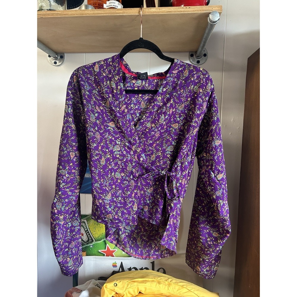 Vintage Marrakech Purple Floral Silk Plunging Back Tie Blouse Size L
